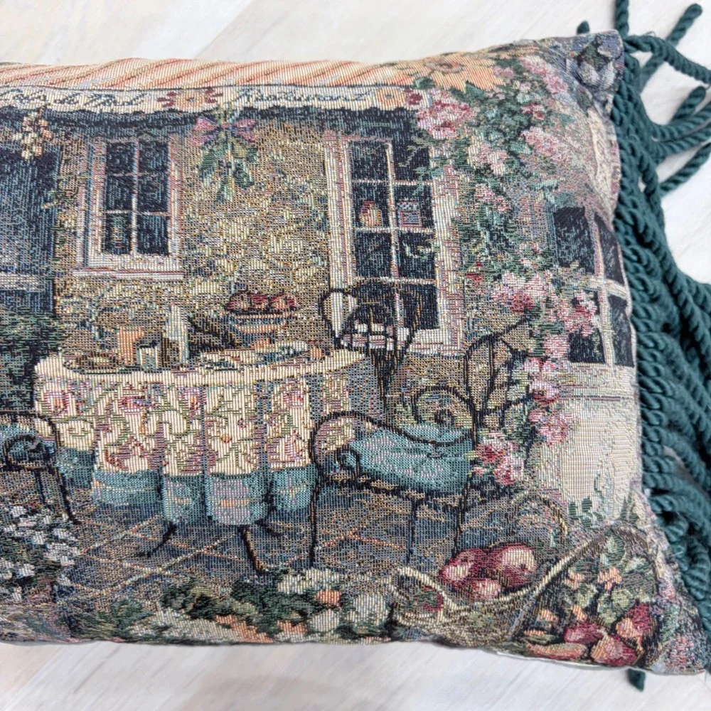 Vintage Woven Tapestry Lumbar Pillow European Cafe Scene Green Fringe 22x12